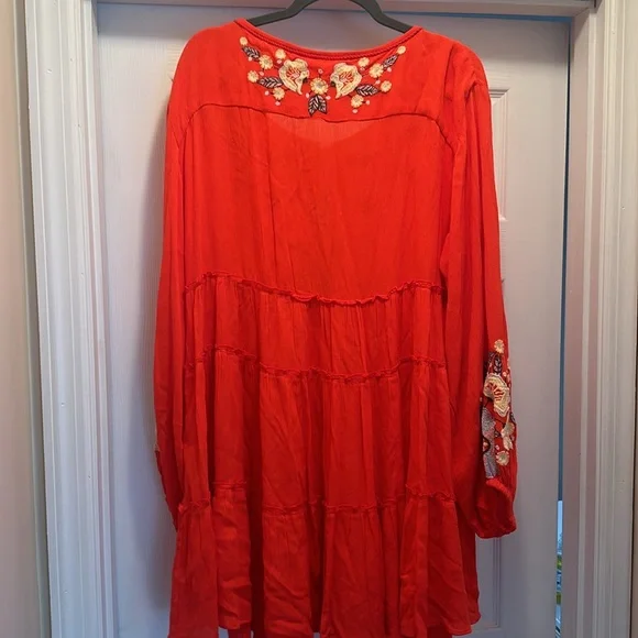 Free People Spell On You Poppy Red Floral Embroidered Peasant Dress Medium - Picture 10 of 10